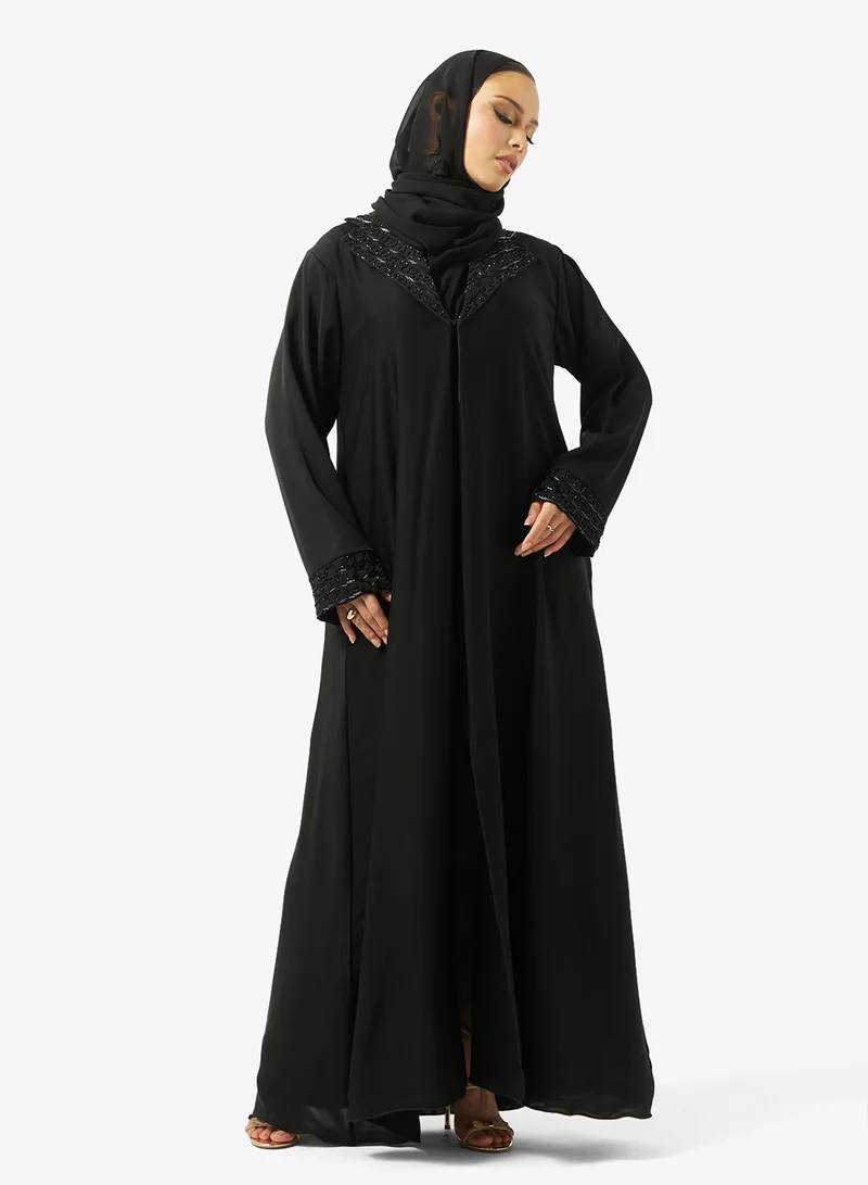 Black Embellished Abaya With Sheila